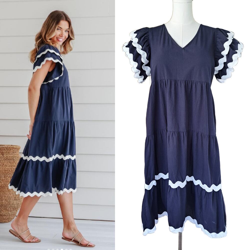 WHITE CLOSET Navy Tiered Midi Dress Ric Rac Flutter Sleeve Medium Coastal Prep